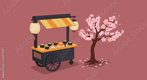 Sushi street food cart with cherry blossoms