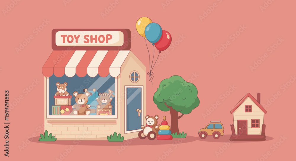 Toy shop scene with balloons and house Toy shop scene with balloons and house