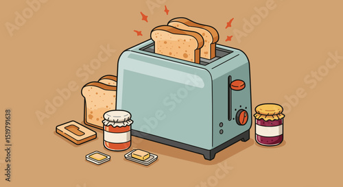 Toaster with toast and jam breakfast scene