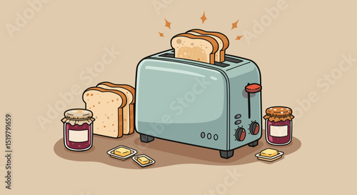 Toaster with bread jam and butter breakfast