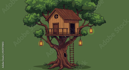 Treehouse hideaway in the woods with rope ladder