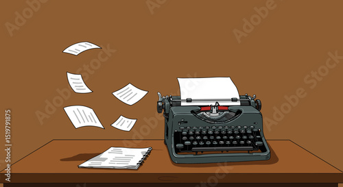 Typewriter with scattered pages on a wooden desk