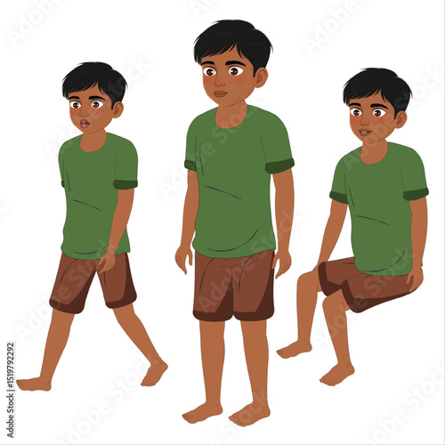 Indian village Boy character full set ,sitting , walking. Ready for animation moral stories, made by adobe illustrator and ready for animate cc with circle. Face made with AI.
