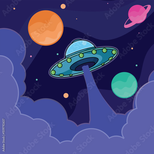 UFO in outer space vector illustration template graphic design . outer space exploration with stars and planet for astronomy and science fiction idea concept with backgrounds in flat style