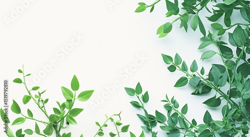 Wallpaper Mural White Background with Green Leaves and Mobile Phone, Minimalist Flat Lay with Natural Light and Tranquil Atmosphere Torontodigital.ca