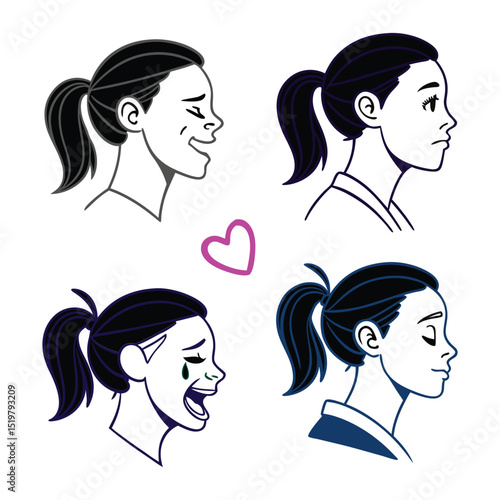 Four female profile illustrations showing different emotions