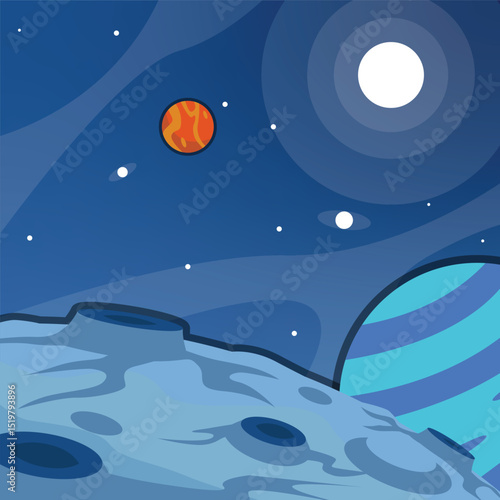 moon surface landscape view vector illustration template graphic design. outer space exploration with stars and planet for astronomy and science technology idea with backgrounds in flat style