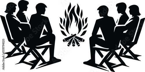 Campfire with Friends Sitting Around Silhouette Vector Illustration