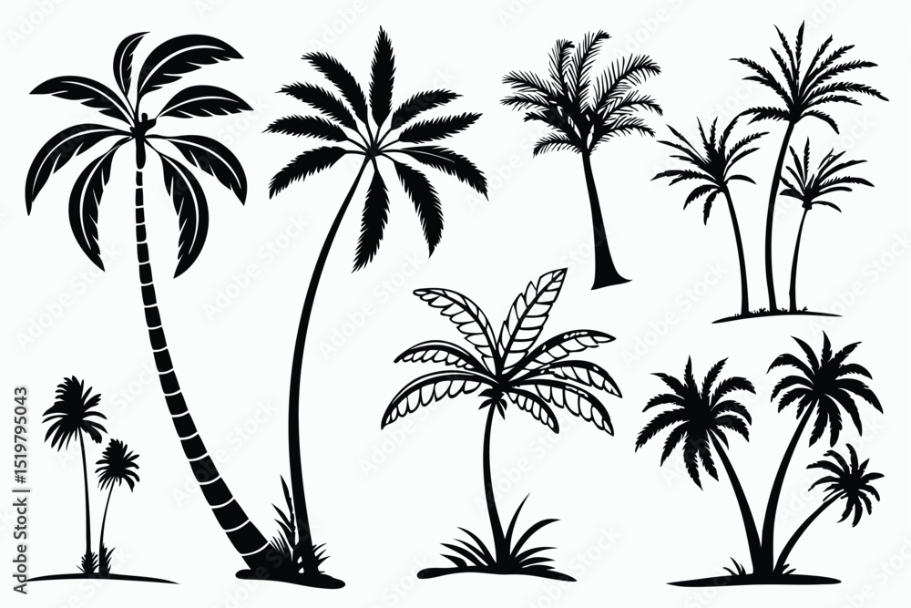 Naklejka premium Palm tree shapes in various styles – tropical landscape and paradise decoration