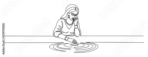 gypsy woman reading future in water line art mystical practice minimal vector illustration
