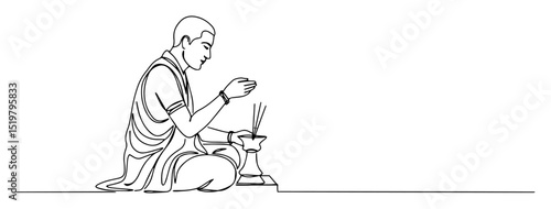 monk lighting incense line art spiritual ritual scene minimal vector illustration