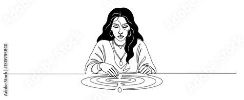 fortune teller woman with crystal ball line art mystical scene minimal vector illustration