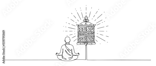 buddhist monk with prayer wheel line art meditation and mantra minimal vector illustration