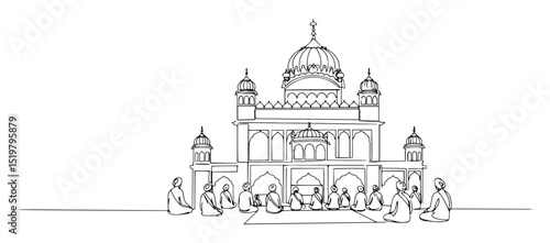 sikh temple with people praying line art golden temple illustration minimal vector
