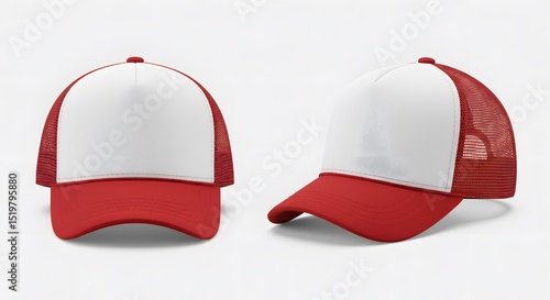 Red and White Trucker Hat Mockup Two Views of a Classic Design