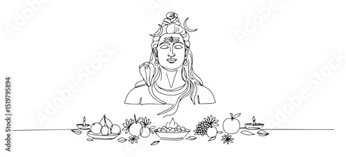 shiva head with offerings line art hindu god with ritual items minimal vector illustration