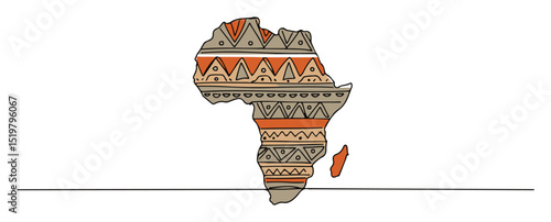 africa continent map with tribal motifs black and white linear drawing characterized by smooth single strokes
