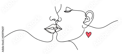 kissing couple with heart earring – sensual line drawing