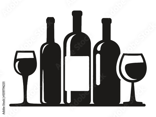  Black and White Wine Bottles and Glasses Vector Illustration for Beverage Themes