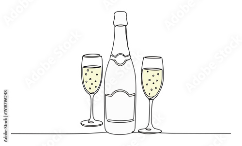 champagne bottle with two glasses line art