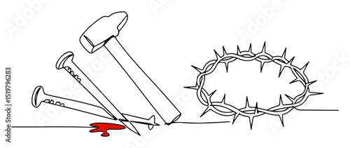 crown of thorns with nails and hammer drawing