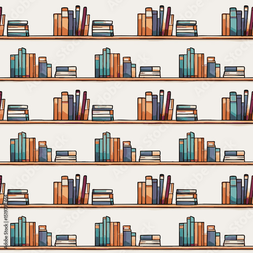 simple illustration on white background; isolated shelves of books; repeating pattern
