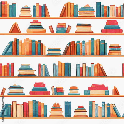 simple illustration on white background; isolated shelves of books; repeating pattern