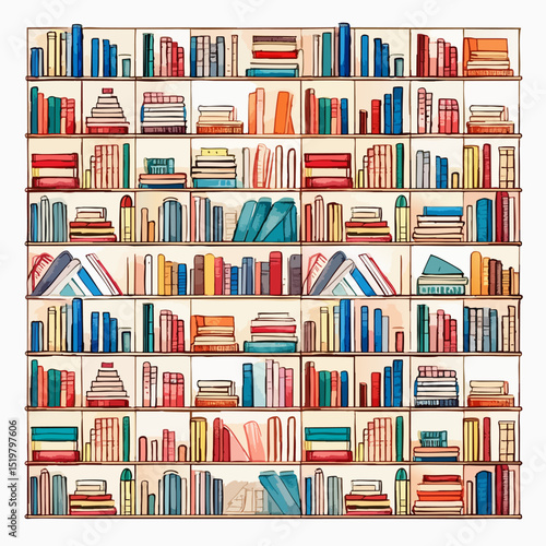 simple illustration on white background; isolated shelves of books; repeating pattern