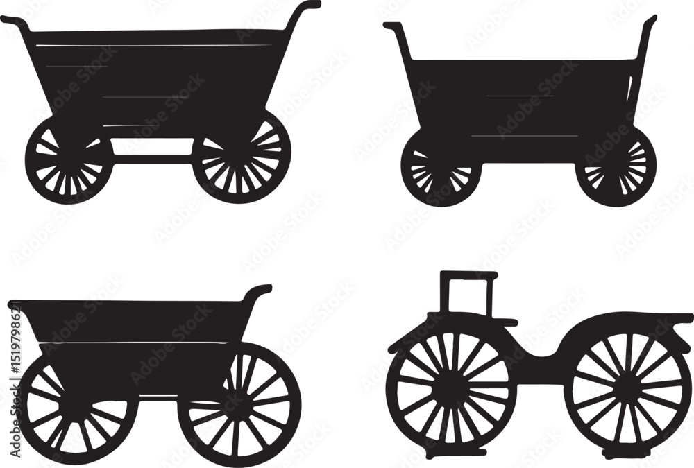 Silhouette Vector Art of Antique Wagons and Carts: Vintage Farm Equipment, Old-fashioned Transportation, Black and White Clip Art Graphics Silhouette Vector Art of Antique Wagons and Carts: Vintage Farm Equipment, Old-fashioned Transportation, Black and White Clip Art Graphics