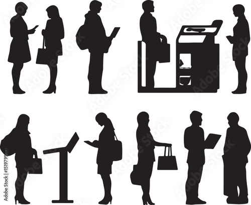 Silhouette Crowd People Waiting in Line at ATM, Kiosk, and Holding Bags & Devices - Vector Illustration of Public Life Scenes