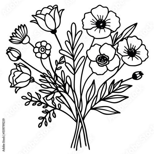 Elegant black and white floral bouquet outline perfect for design and decoration purposes