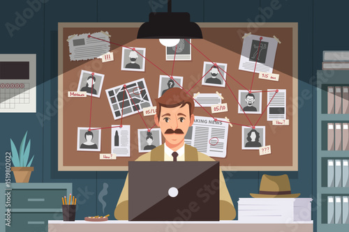 Detective office interior with investigation board. Cartoon interior of detectives room with desk, board on wall and elements of investigation. Detective workplace. Vector stock