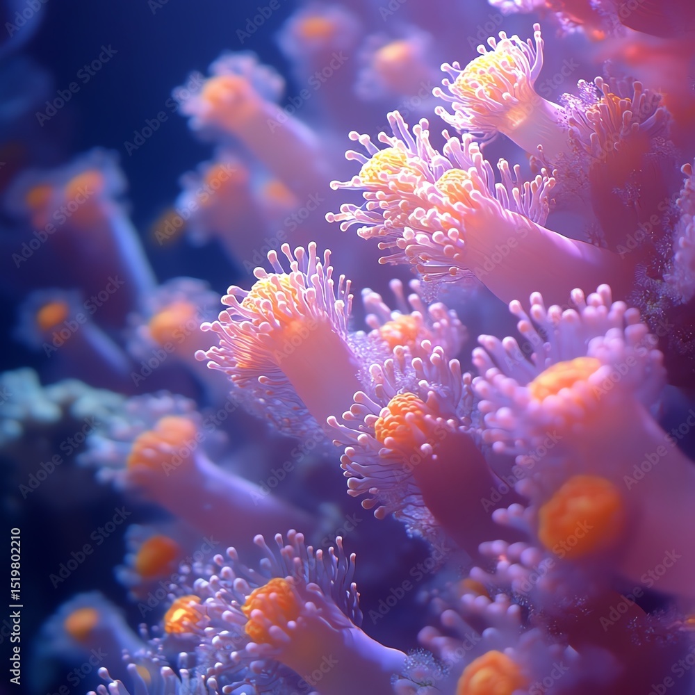 Naklejka premium ethereal sea scene of corals during mass spawning, pink and orange eggs drifting upward, soft glowing light, magical underwater world, ultra HD, nature documentary style