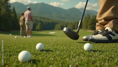 Golfer Putting On A Lush Green Golf Course With Mountain View