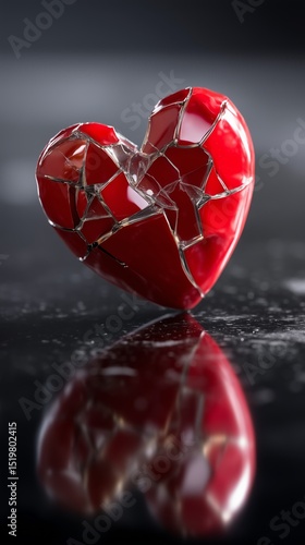 A glossy red heart made of porcelain, shattered into pieces on a reflective black surface, dramatic lighting, minimalistic background, symbolic of emotional pain