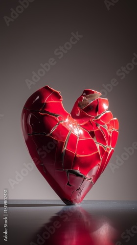 A glossy red heart made of porcelain, shattered into pieces on a reflective black surface, dramatic lighting, minimalistic background, symbolic of emotional pain