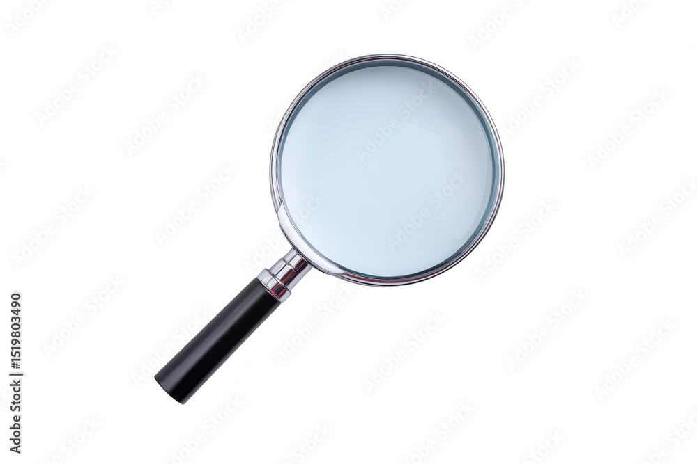 Magnifying glass with black handle and silver rim is shown against transparency background, emphasizing its simplicity and functionality Magnifying glass with black handle and silver rim is shown against transparency background, emphasizing its simplicity and functionality