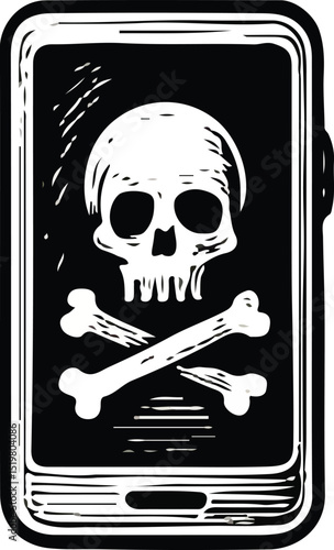A skull on a mobile screen representing cyber threats, mobile hacking, and security breaches