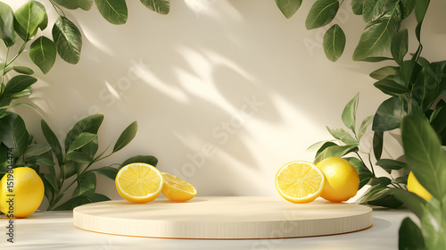 Bright and refreshing lemon display with botanical accents for product promotion