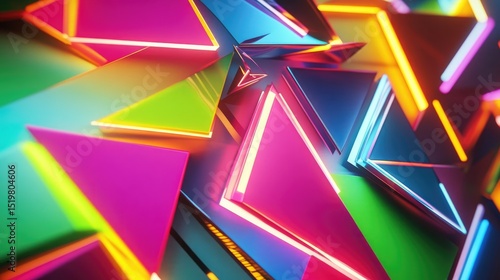 Vibrant, glowing triangular shapes overlap in a dynamic, colorful abstract composition