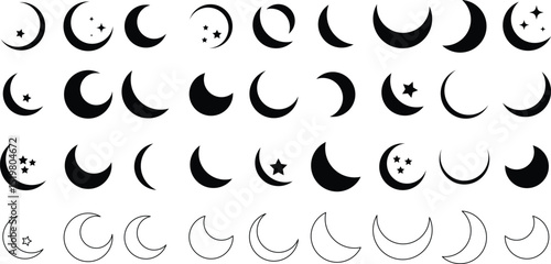 Diverse Moon and Star Icon vector.  celestial, moon phases, crescent moon vector on white background