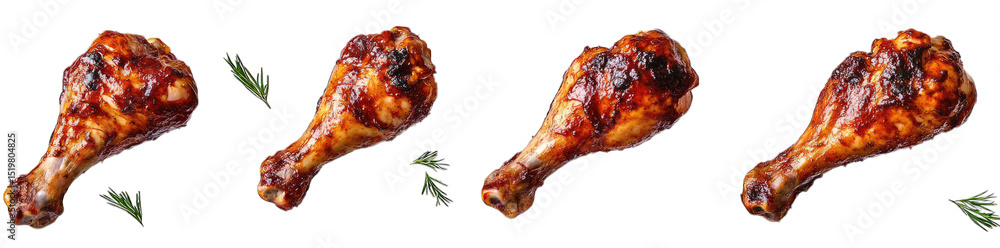 Four Grilled Chicken Drumsticks With Rosemary Sprigs On A Transparent Background Four Grilled Chicken Drumsticks With Rosemary Sprigs On A Transparent Background