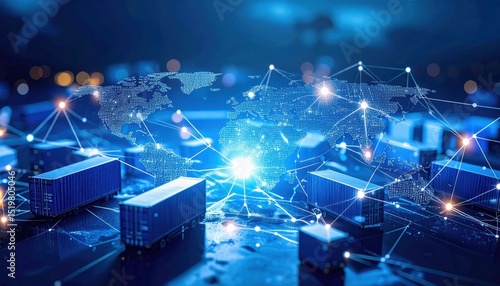 Digital world map with connected shipping containers representing global logistics and supply chain technology.