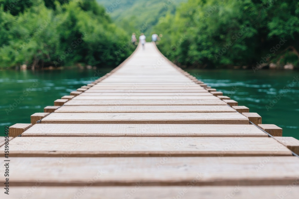 Obraz premium A wooden suspension bridge stretches over a river, surrounded by lush green trees, fading into the distance.