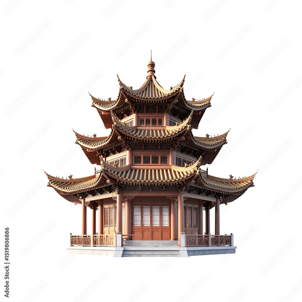 Fototapeta premium Traditional asian pagoda architectural design 3d model on transparent background