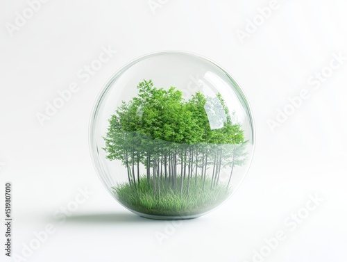 Lush forest inside transparent glass orb
