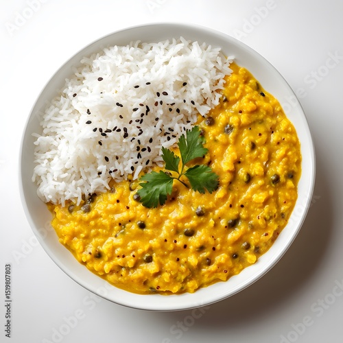 A bowl of yellow dal with white rice and black seeds on a white plate.