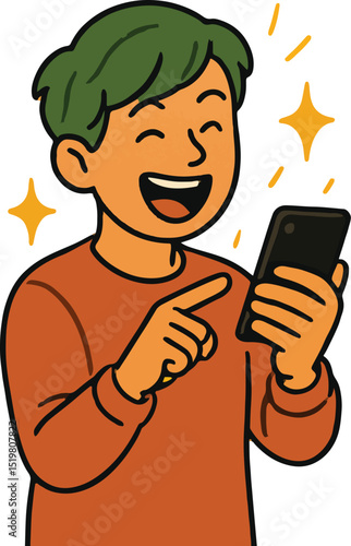 Excited Person with Green Hair Celebrating on Smartphone
