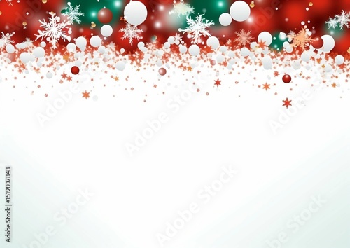 Festive Christmas Background Red, Green, and White Winter Wonderland Scene with Snowflakes and Ornaments