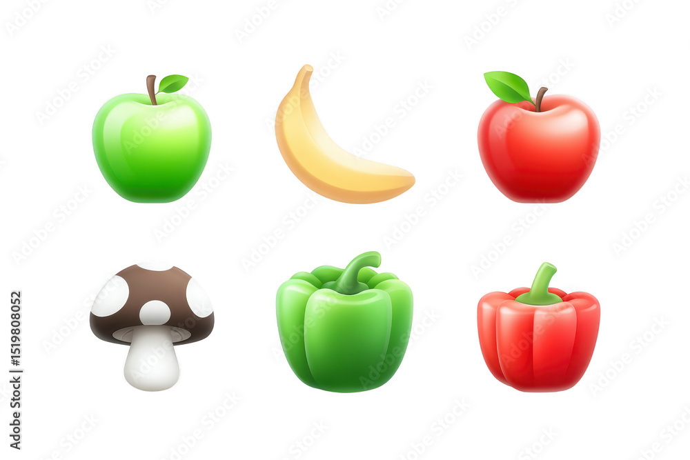 Collection of colorful fruits and vegetables including green apple banana red apple mushroom green bell pepper and red bell pepper displayed on transparency background Collection of colorful fruits and vegetables including green apple banana red apple mushroom green bell pepper and red bell pepper displayed on transparency background